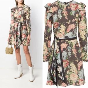 ZIMMERMANN Espionage Belted Floral Crepe de Chine Silk Blend Mini Dress US 6